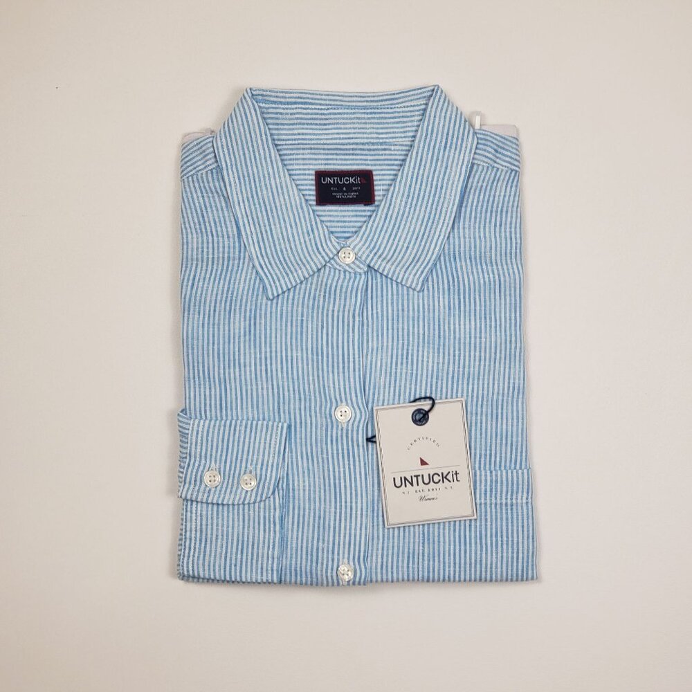 UNTUCKit Sherry Linen LS Shirt Womens Size 4 Light Turquoise Blue & White Stripe - Picture 6 of 15